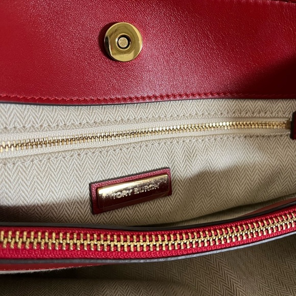 RARE Tory Burch Kira Chevron Tote Red Quilted Lambskin Gold Chain Straps - Picture 13 of 17